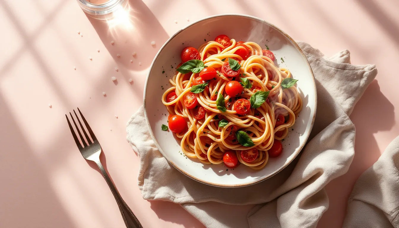 Overhead duotone photograph of a styled pasta dish with steam and side light